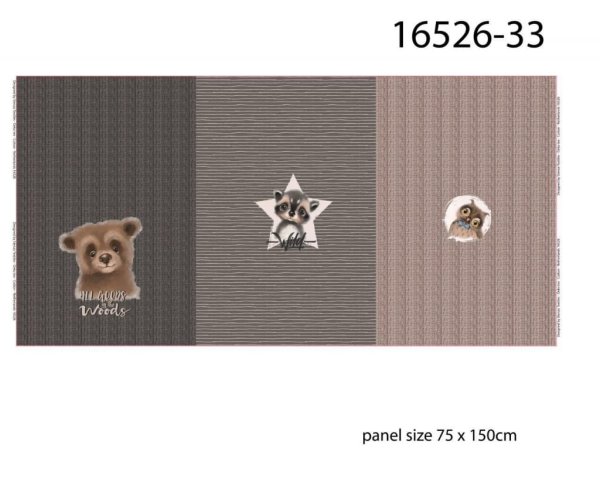 Tier Panel, French Terry, Stenzo, 3 Motive, Bär, Waschbär, Eule, 75x150 cm, grau