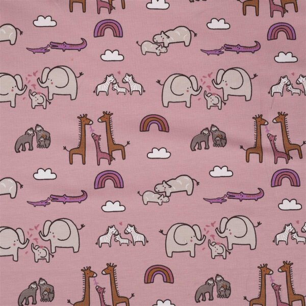 Jersey Baumwolle, Elefanten, Zebras, Nilpferde, Giraffen, Regenbogen,  dusty pink 113D