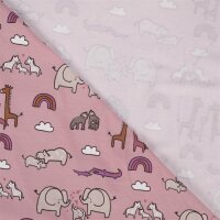 Jersey Baumwolle, Elefanten, Zebras, Nilpferde, Giraffen, Regenbogen,  dusty pink 113D
