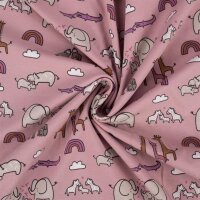 Jersey Baumwolle, Elefanten, Zebras, Nilpferde, Giraffen, Regenbogen,  dusty pink 113D