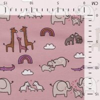 Jersey Baumwolle, Elefanten, Zebras, Nilpferde, Giraffen, Regenbogen,  dusty pink 113D