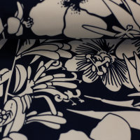Bloom by Käselotti, Stretch-Satin, Swafing, cremeweißen Blüten, dunkelblau