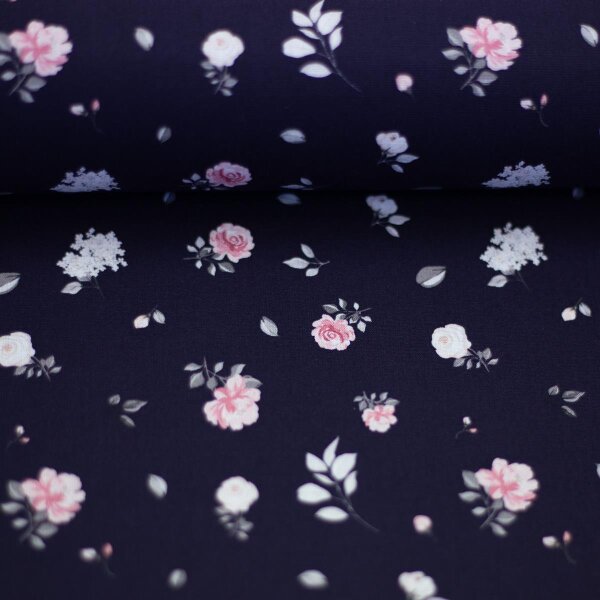 Rose, Baumwolle Webware, dunkelblau kleine Rosen